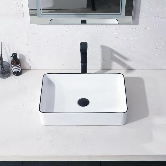 20 Inch Rectangular Bathroom Vessel Sink,20x14 Inch Bathroom Sink White Background with Black Rim Vessel Sink Small Bathroom Sink Above Counter Porcelain Vessel Sink Lavatory Vanity Sink Basin