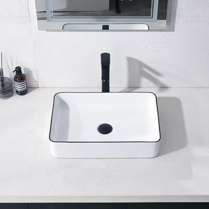 20 Inch Rectangular Bathroom Vessel Sink,20x14 Inch Bathroom Sink White Background with Black Rim Vessel Sink Small Bathroom Sink Above Counter Porcelain Vessel Sink Lavatory Vanity Sink Basin