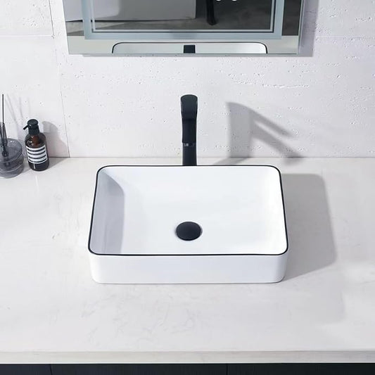 20 Inch Rectangular Bathroom Vessel Sink,20x14 Inch Bathroom Sink White Background with Black Rim Vessel Sink Small Bathroom Sink Above Counter Porcelain Vessel Sink Lavatory Vanity Sink Basin
