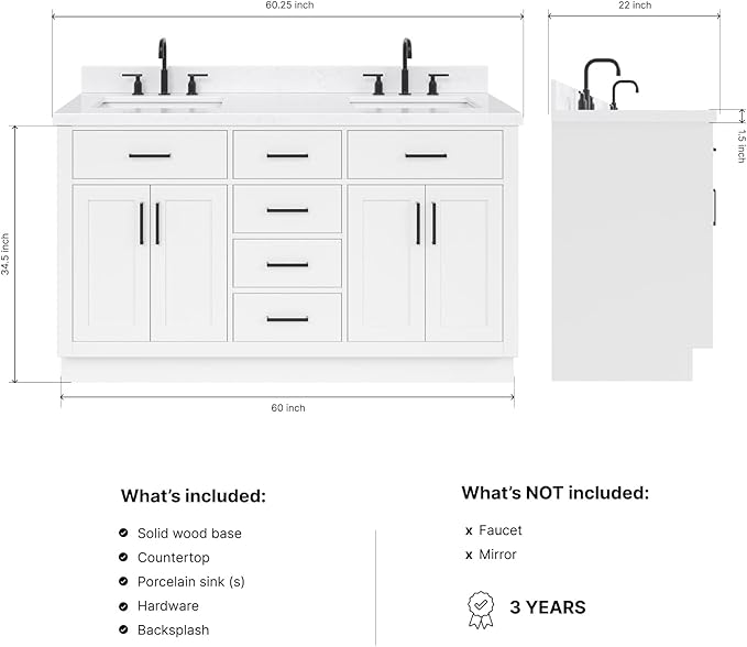 ARIEL Hepburn 60-inch Bathroom Vanity with Sink,Solid Wood, 1.5-inch Carrara White Quartz Countertop & Backsplash, Double Rectangular Porcelain Sink, 4 Soft Closing Doors, 6 Dovetail Drawers, White