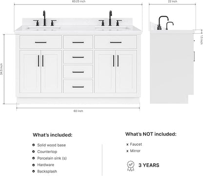 ARIEL Hepburn 60-inch Bathroom Vanity with Sink,Solid Wood, 1.5-inch Carrara White Quartz Countertop & Backsplash, Double Rectangular Porcelain Sink, 4 Soft Closing Doors, 6 Dovetail Drawers, White