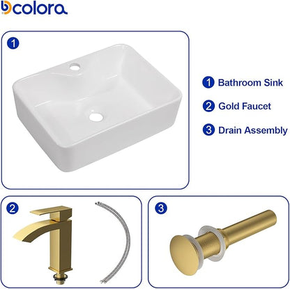 Dcolora 16 in. White Vessel Sink, Rectangular Porcelain Ceramic Above Counter Sink, Small Bathroom Sink with Gold Accessories,12"D x 16"W x 5"H #DC-SFDOE00084