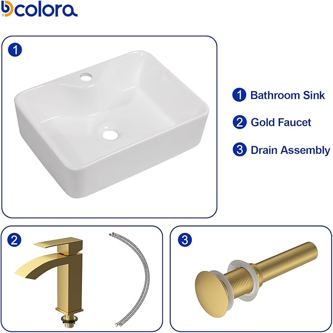 Dcolora 19 In. White Vessel Sink for Bathroom, Rectangular Above Counter Porcelain Ceramic Sink with Gold Accessories, 15"D x 19"W x 5"H #DC-SFDOE00087