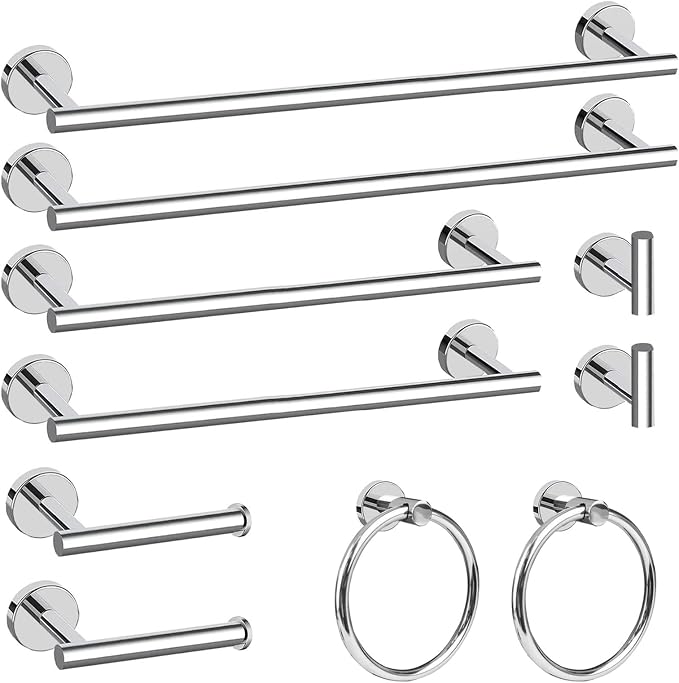 Cilee 10 Piece Chrome Bathroom Hardware Set, 24 16 inch Towel Bar Set | 24 & 16 inch Towel bar, Toilet Paper Holder, Towel Ring, Towel Hook, Bathroom Accessories Set Stainless Steel Wall Mounted