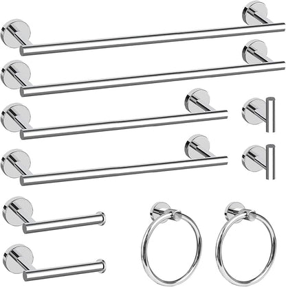 Cilee 10 Piece Chrome Bathroom Hardware Set, 24 16 inch Towel Bar Set | 24 & 16 inch Towel bar, Toilet Paper Holder, Towel Ring, Towel Hook, Bathroom Accessories Set Stainless Steel Wall Mounted