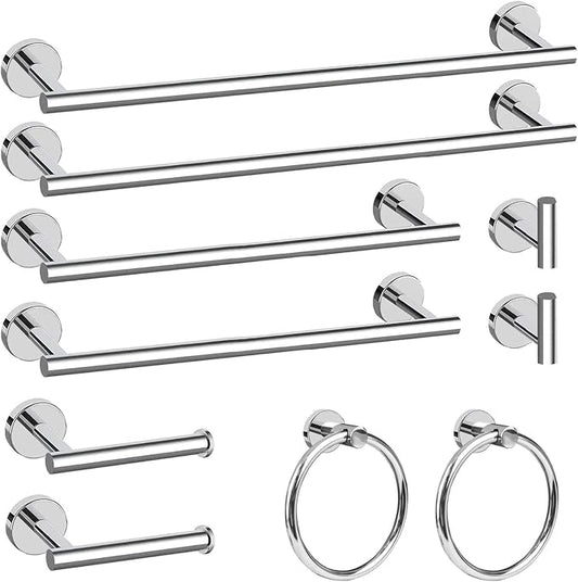 Cilee 10 Piece Chrome Bathroom Hardware Set, 24 16 inch Towel Bar Set | 24 & 16 inch Towel bar, Toilet Paper Holder, Towel Ring, Towel Hook, Bathroom Accessories Set Stainless Steel Wall Mounted