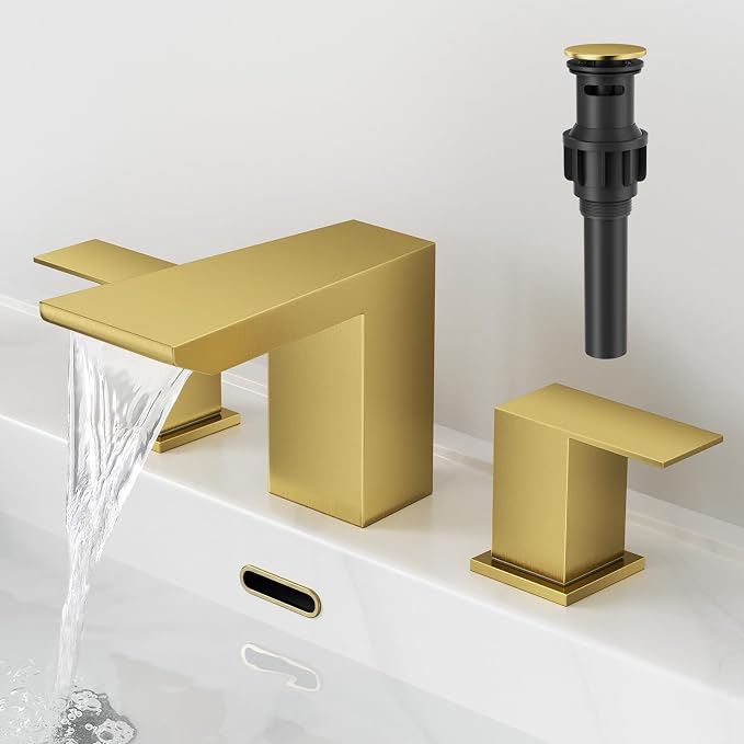 RUMOSE Bathroom Faucets 3 Hole Gold Bathroom Sink Faucet with Drain | 8 Inch Mixer Widespread Waterfall Vanity Two Handle Lavatory Bath Tap, Pop Up Drain, Stainless Steel
