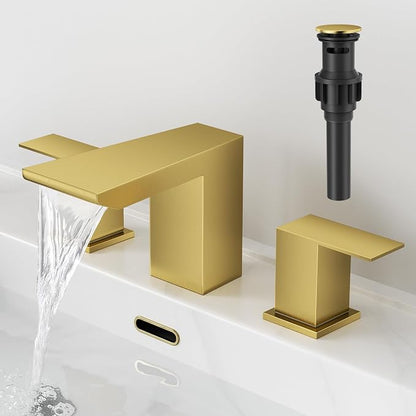 RUMOSE Bathroom Faucets 3 Hole Gold Bathroom Sink Faucet with Drain | 8 Inch Mixer Widespread Waterfall Vanity Two Handle Lavatory Bath Tap, Pop Up Drain, Stainless Steel