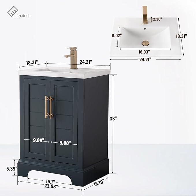 HOMEBEYOND 24 Inch Bathroom Vanity with Single Sink & Ceramic Top, Vanity Cabinet with Center Countertop Basin, Soft-Closing Doors, Vintage Spruce Blue