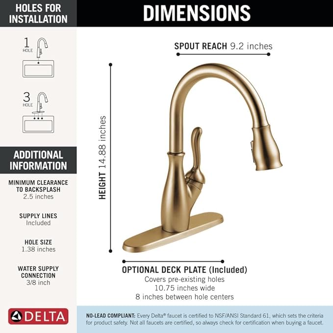 Delta Leland Brushed Gold Kitchen Faucet with Pull Down Sprayer, Traditional Single Hole Kitchen Sink Faucet, Single Handle, Champagne Bronze 9178-CZ-DST
