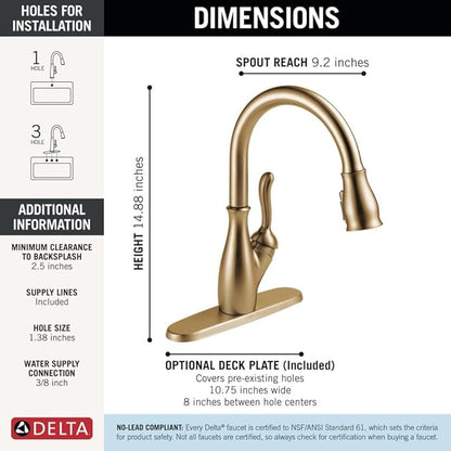 Delta Leland Brushed Gold Kitchen Faucet with Pull Down Sprayer, Traditional Single Hole Kitchen Sink Faucet, Single Handle, Champagne Bronze 9178-CZ-DST