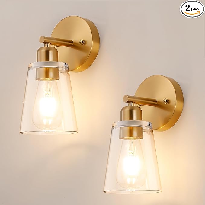 TALOYA 4 Inch Brushed Gold Bathroom Light Fixtures with Thickend Clear Tapered Glass Shade, Set of 2 Modern Vanity Light for Bathrooms, Bedrooms (Bulbs Not Included)