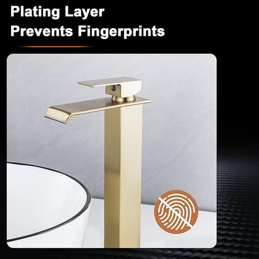 Bathroom Vessel Sink Faucet Brushed Gold, Waterfall Bathroom Faucet, Vessel Faucet, Tall Body High 1 Hole Single Handle with Pop Up Drain Combo Vanity Mixer Tap Commercial Basin Bowl Sink
