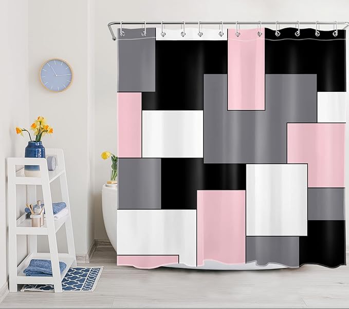 HVEST Pink Abstract Shower Curtain with Bathroom Rugs, Grey Black and White Abstract Geometric Shower Curtain with Bath Mat, Modern Mid Century Minimalist Shower Curtain Set with Hooks, 70x70 inch