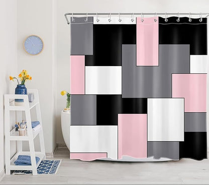 HVEST Pink Abstract Shower Curtain with Bathroom Rugs, Grey Black and White Abstract Geometric Shower Curtain with Bath Mat, Modern Mid Century Minimalist Shower Curtain Set with Hooks, 70x70 inch