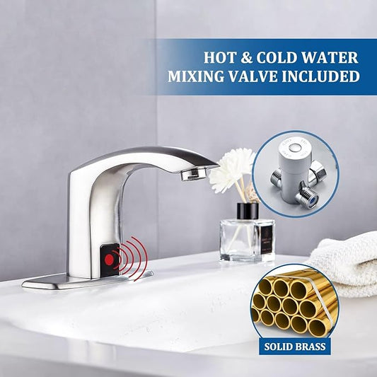 Luxice Sensor Automatic Touchless Bathroom Sink Faucet Hot & Cold Mixer Cover Plate Included Faucet, Brushed Nickel