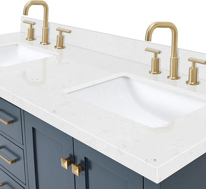 ARIEL Cambridge 60-inch Bathroom Vanity with Sink,Solid Wood, 1.5-inch Carrara White Quartz Countertop, Double Rectangular Porcelain Sink, 4 Soft Closing Doors, 6 Dovetail Drawers, Midnight Blue
