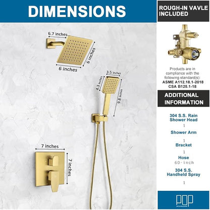 9246-88G POP SANITARYWARE Shower Faucet Set Brushed Gold 6 Inch Thickened Shower Head and Handle Set Shower System Wall Mounted Shower Fixture Include Shower Valve and Trim Kit