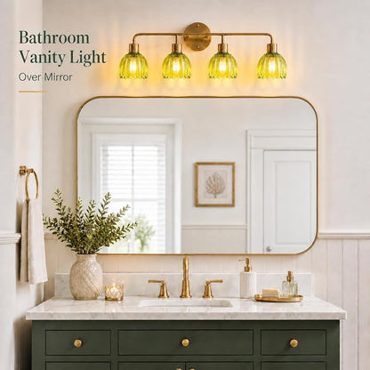 4-Light Gold Brass Bathroom Light Fixture,Wall Sconces,Brushed Gold Vanlity Light Over Mirror,Bathroom Vanity Light with Green Glass Flower Shade,E26 Socket(Bulbs Not Included)