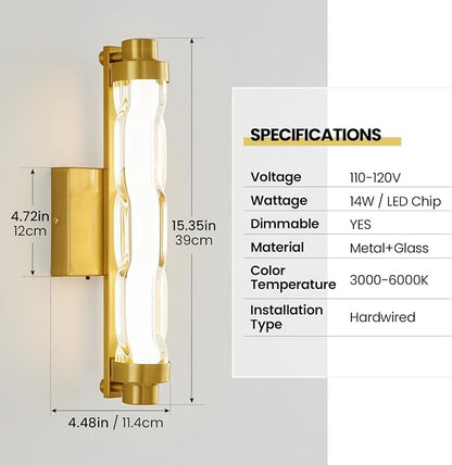 15.4" Gold Wall Sconces Set of 2, Modern Bathroom Sconces Wall Lighting with Ripple Glass Shade, 5CCT Dimmable LED Vanity Light 14W for Mirror, Bedroom, Hallway, Entryway