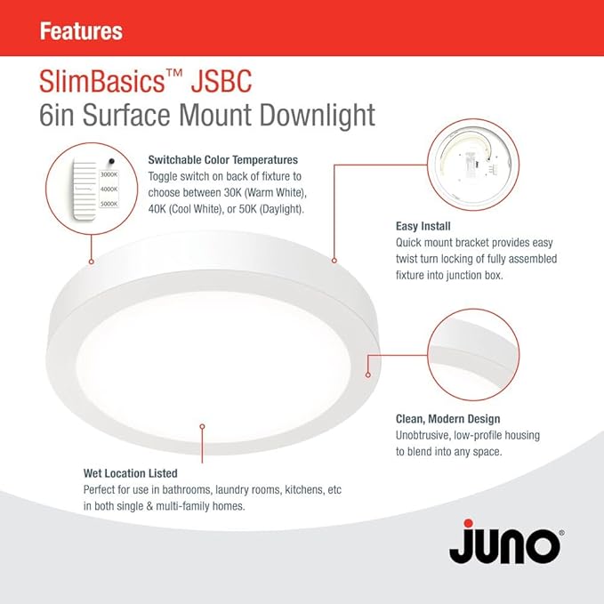 Juno Slim Basics 6 Inch LED Ceiling Light, Low Profile Surface Mount Downlight for Shower or Closet Lighting, 3000K/4000K/5000K Selectable White Light, Edged Trim, Wet Rated, Matte White