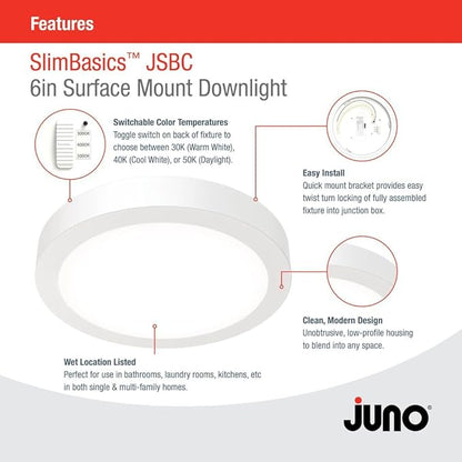 Juno Slim Basics 6 Inch LED Ceiling Light, Low Profile Surface Mount Downlight for Shower or Closet Lighting, 3000K/4000K/5000K Selectable White Light, Edged Trim, Wet Rated, Matte White, 6 Pack