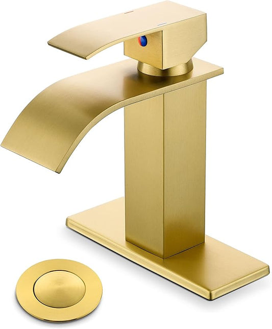 Gold Bathroom Faucet, Modern Single Hole Waterfall Spout Sink Faucet, Brushed Gold With Drain Assembly and Hose