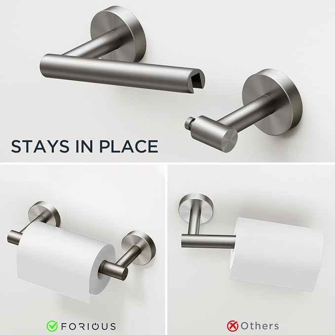 FORIOUS Bathroom Accessories, 4-Piece Bathroom Hardware Set - 18" Towel Bar | Brushed Nickel | Towel Hooks, Towel Racks for Bathroom, Toilet Paper Holder Wall Mounted, Towel Ring | SUS304 Stainless Steel