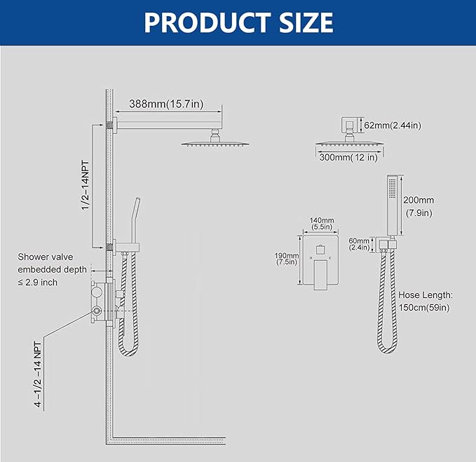 Shower Faucet Set, Shower System with 12 Inch Rain Showerhead and Handheld Shower, Wall Mounted High-Pressure Showerhead Combo Set Included Valve and Trim, Matte Black