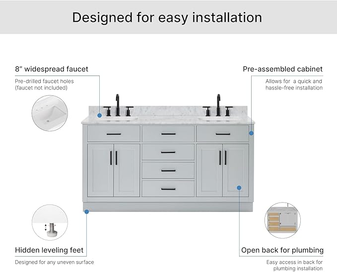 ARIEL Hepburn 66-inch Bathroom Vanity with Sink,Solid Wood, 0.75-inch Italian Carrara Marble Countertop, Double Rectangular Porcelain Sink, 4 Soft Closing Doors, 6 Dovetail Drawers, Grey