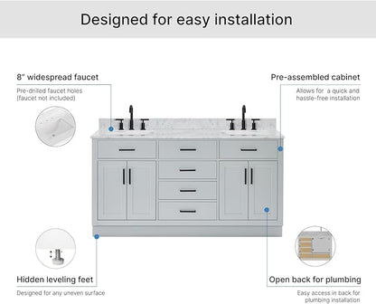 ARIEL Hepburn 66-inch Bathroom Vanity with Sink,Solid Wood, 0.75-inch Italian Carrara Marble Countertop, Double Rectangular Porcelain Sink, 4 Soft Closing Doors, 6 Dovetail Drawers, Grey