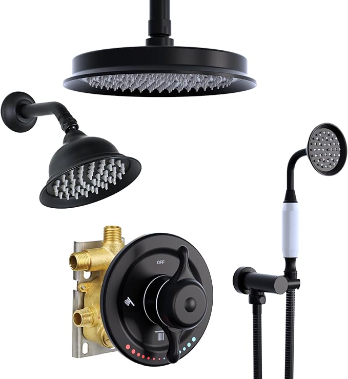 Antique Brass Shower System, 9" & 6" Dual Rain Heads and Handheld Spray Vintage Fixtures, 3-Function Dual Knob Valve with Separate Temperature Control, Matte Black