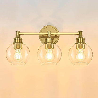 Bathroom Light Fixtures, 3-Light Brushed Gold Vanity Light Globe Glass Shades, Bathroom Lighting Fixtures Over Mirror, Wall Sconces for Master Bathroom, Guest Bathroom, Powder Room, 20-inch