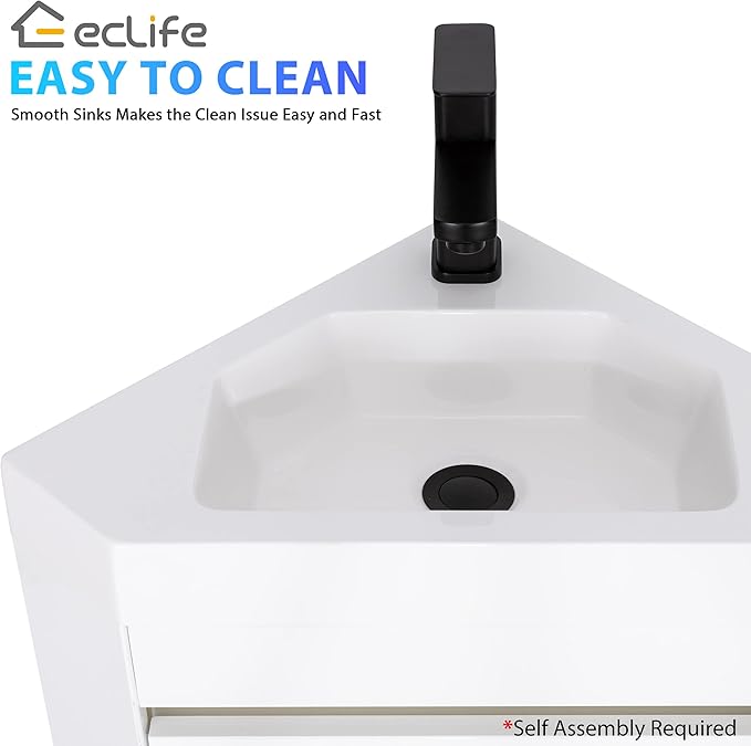 eclife 22" Corner Bathroom Vanity Sink Combo for Small Space Wall Mounted Floating Cabinet with White Resin Sink and Matte Black Faucet, White