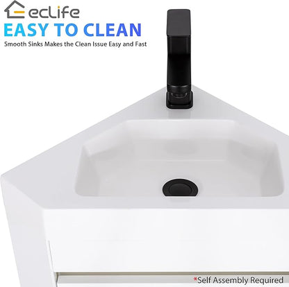 eclife 22" Corner Bathroom Vanity Sink Combo for Small Space Wall Mounted Floating Cabinet with White Resin Sink and Matte Black Faucet, White