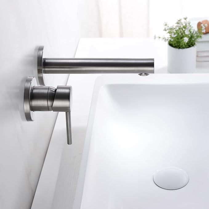 sumerain Single Handle Left-Handed Wall Mount Bathroom Faucet Brushed Nickel Lavatory Basin Faucet