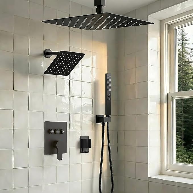 Shower Faucet Set, Wall Mount 12" Rain Shower System with Handheld and 6" Rainfall Shower Head, Can Use 2 Modes Together for Two People, 3 Way Shower Valve with 5 Diverter Complete, Matte Black