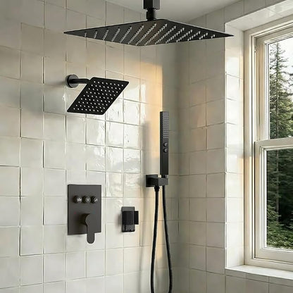Shower Faucet Set, Wall Mount 12" Rain Shower System with Handheld and 6" Rainfall Shower Head, Can Use 2 Modes Together for Two People, 3 Way Shower Valve with 5 Diverter Complete, Matte Black