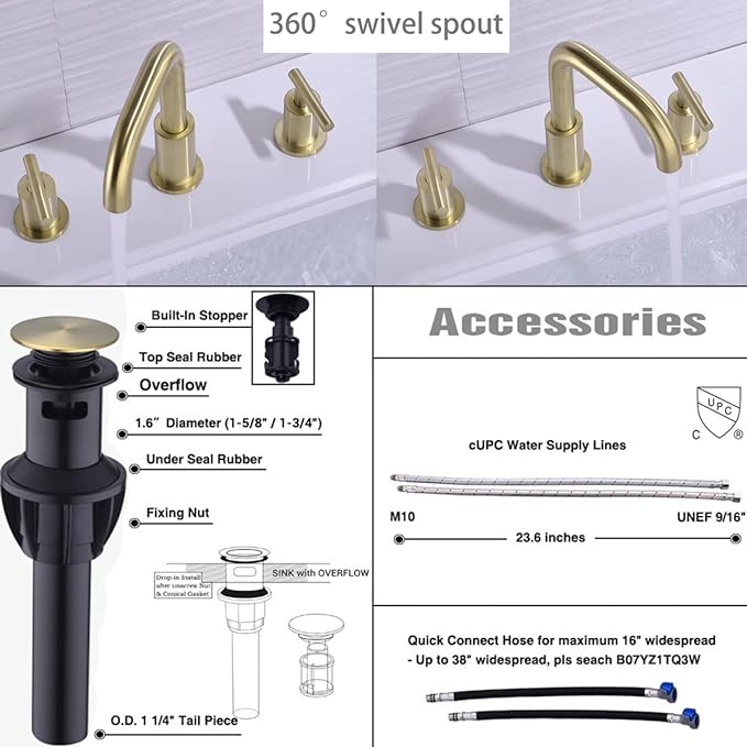 TRUSTMI Bathroom Faucet 2 Handle 8 Inch Brass Bathroom Sink Faucet 3 Hole Widespread with 360 Degree Swivel Spout, cUPC Water Supply Lines and Overflow Pop Up Drain Included, Brushed Gold