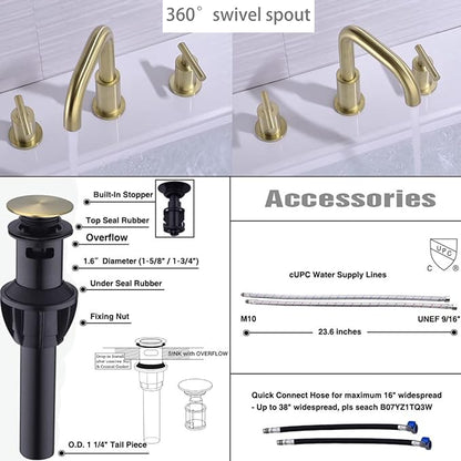 TRUSTMI Bathroom Faucet 2 Handle 8 Inch Brass Bathroom Sink Faucet 3 Hole Widespread with 360 Degree Swivel Spout, cUPC Water Supply Lines and Overflow Pop Up Drain Included, Brushed Gold