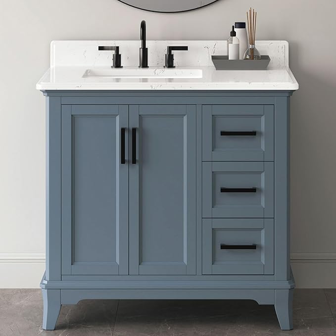 36 Inch Bathroom Vanity with Sink, Bathroom Storage Cabinet with Soft Closing Doors & Dovetail Drawers, Adjustable Feet, Solid Wood Frame, Steel Blue