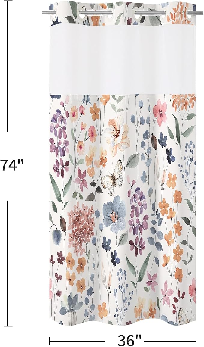 Litabel No Hook Ivory Watercolor Floral Shower Curtain and Liner Set, 36x74 | Spring Flower Shower Curtains with Snap-in Liner for Farmhouse Bathroom Decor, Botanical Bathroom Curtain with Leaves