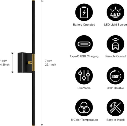 Wall Sconces Set of Two with Remote Control 29.1 in Dimmable Black Gold Battery Operated Wall Lights 350° Ratation 3000K-6000K LED Wireless Rechargeable Sconce for Bathroom Living Room Bedroom