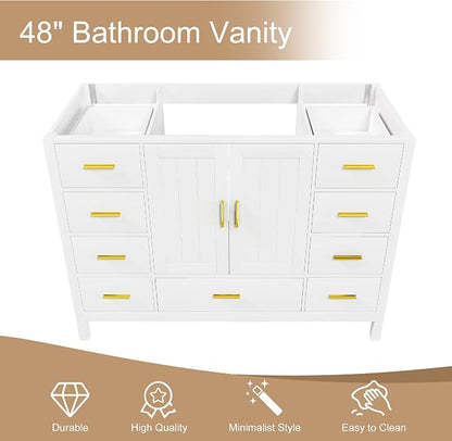 48'' Bathroom Vanity Without Sink,Multi-Functional Bathroom Cabinet with 2 Doors and 9 Drawers, Solid Frame,White(No Sink)