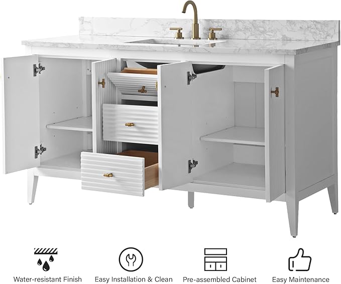 HOMEBEYOND 60" Bathroom Vanity with Single Sink, Solid Wood Bathroom Vanity Free-Standing Cabinet, Ceramic Top & Soft Closing Door, Golden Brushed Handware, White