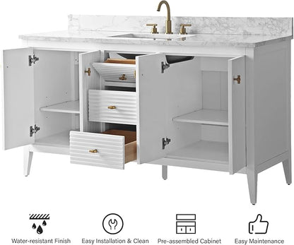HOMEBEYOND 60" Bathroom Vanity with Single Sink, Solid Wood Bathroom Vanity Free-Standing Cabinet, Ceramic Top & Soft Closing Door, Golden Brushed Handware, White