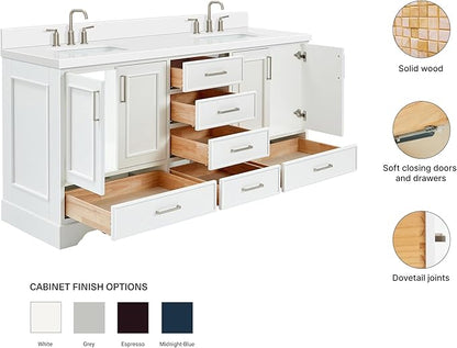 ARIEL Stafford 72-inch Bathroom Vanity with Sink,Solid Wood, 1.5-inch Pure White Quartz Countertop & Backsplash, Double Rectangular Porcelain Sink, 4 Soft Closing Doors, 6 Dovetail Drawers, White