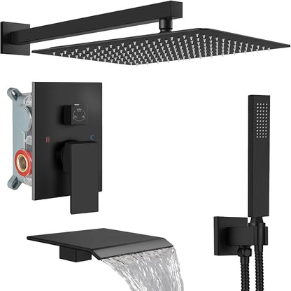 Midanya Shower System with Tub Spout,16 Inch Shower Head,Matte Black | with Valve & Trim Kit,Square Rain Head,Handheld Sprayer,Waterfall Spout,All Metal Wall Mount Bathroom Shower Tub Faucet Set