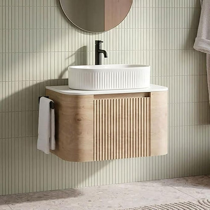 24" Preassembled Floating Bathroom Vanity with White Sink, Oak | Mid-Century Modern Style, Fluted & Soft-Close Drawer with U-shaped Wall, Sinterted Stone Countertop, Towel Rack Included