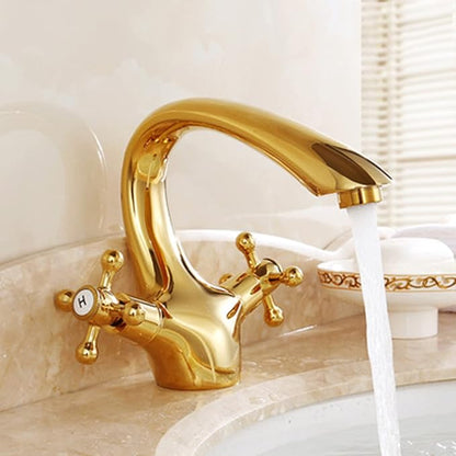 Antique Brass Vintage Bathroom Faucet Double Cross Handle Mixer Sink Tap Single Hole Cold Hot Mixer Vanity Tap Gold Finish，Gold
